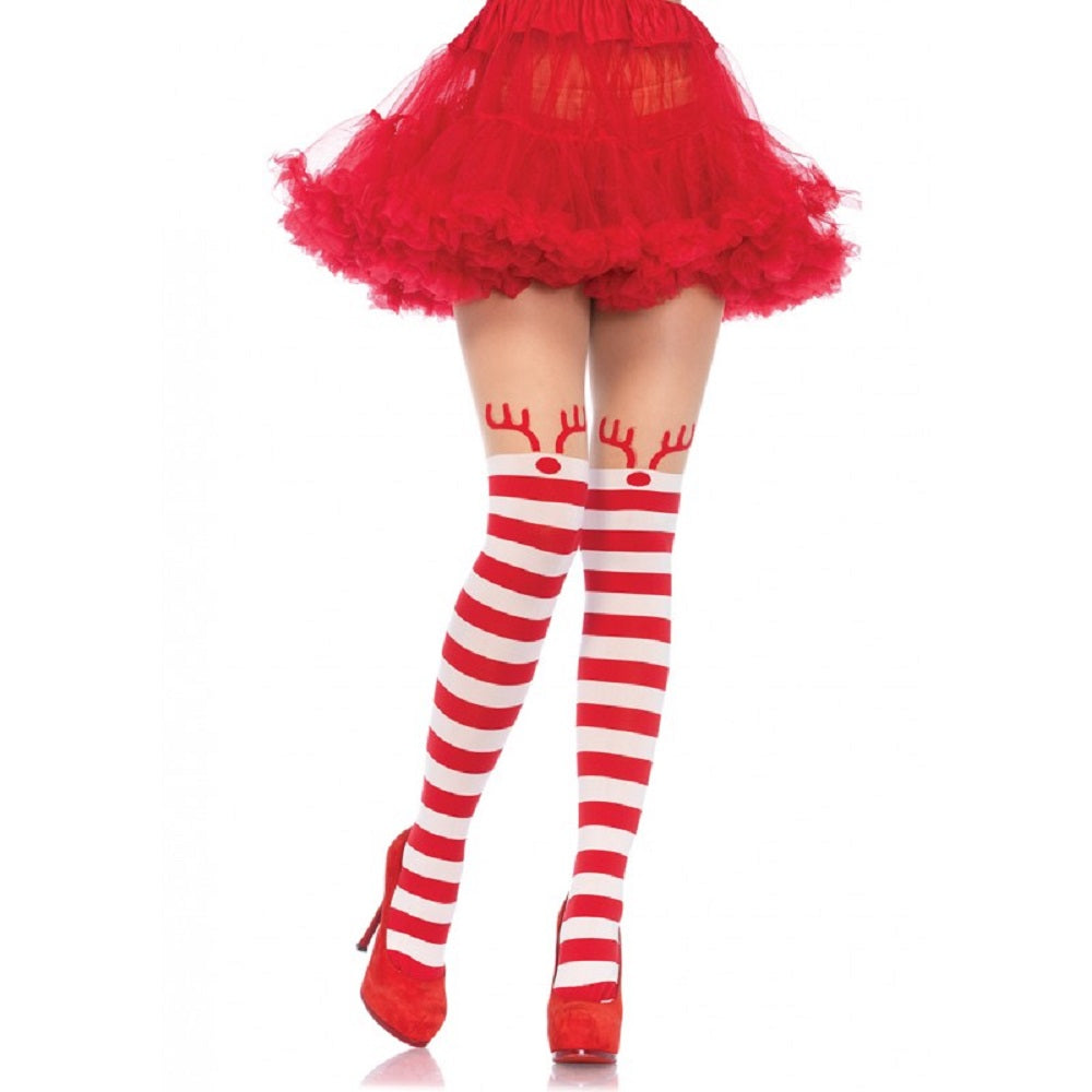 Rudolph Reindeer Opaque Striped Pantyhose with Sheer Thigh High