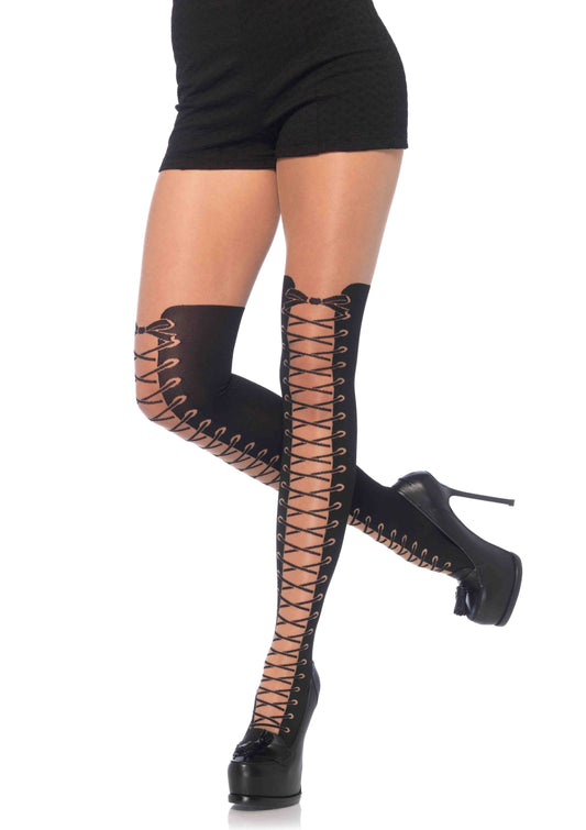 All Tied Up sheer pantyhose with opaque faux thigh high boot detail O/S NUDE/BLACK