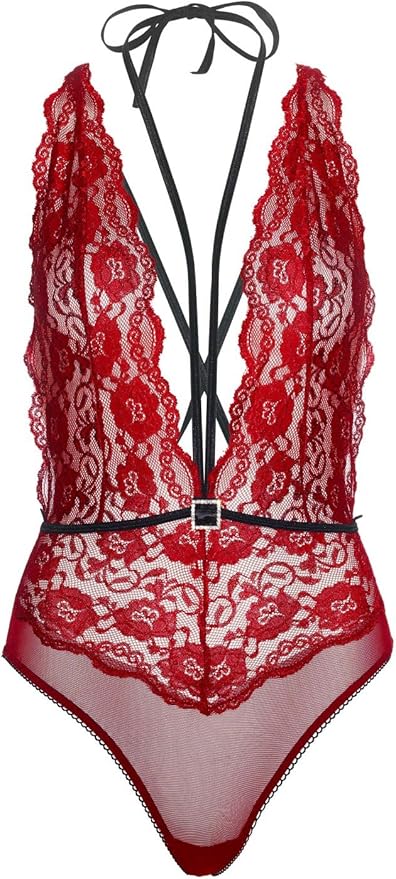 Floral Lace Deep Plunge Harness Teddy Bodysuit
