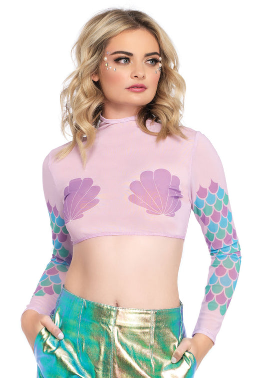 Mermaid High Neck Long Sleeved Mesh Crop Top