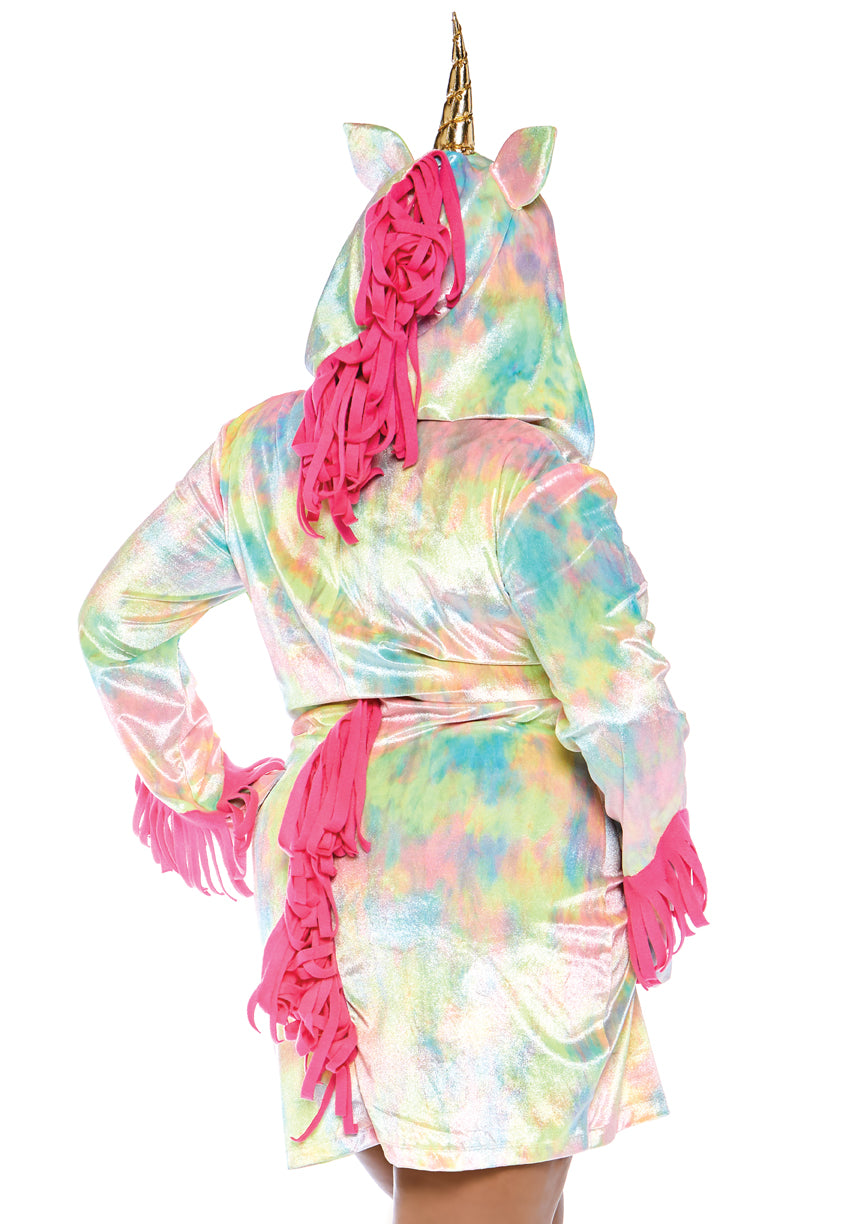 Leg Avenue Enchanted Unicorn, features velvet zipper front dress with tail and magical gold horn hood
