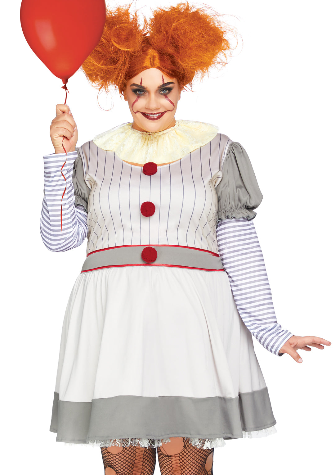 Leg Avenue 2PC Creepy Clown, includes striped dress with pom pom accents and lace neck piece