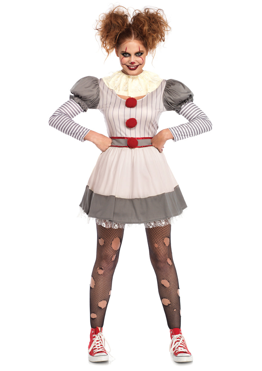 Leg Avenue 2PC Creepy Clown, includes striped dress with pom pom accents and lace neck piece