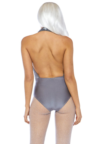 Shimmer Sequin Snap Crotch Plunging Halter Bodysuit