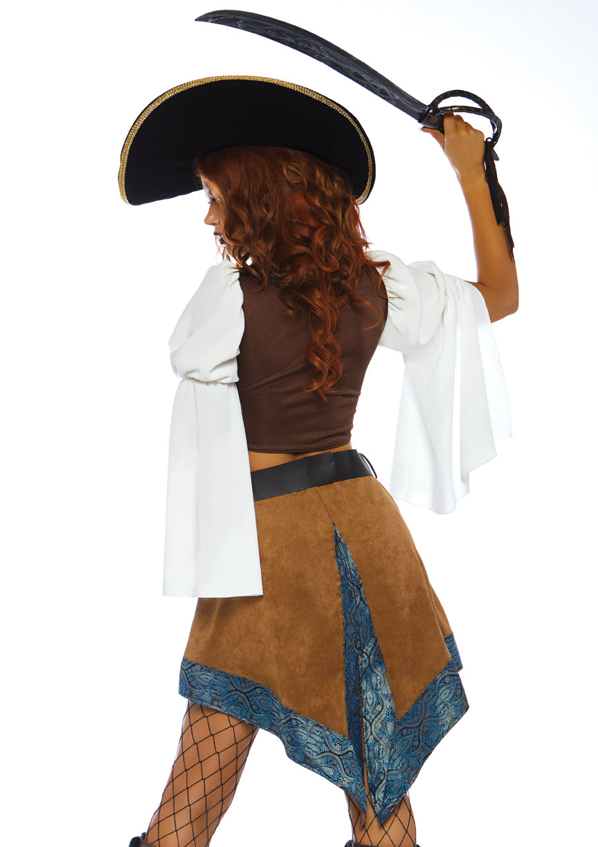 Leg Avenue 3 PC Swashbuckling Siren, includes faux suede crop top with split peasant sleeves, high waist shorts, and belt with attached skirt and fringe sash