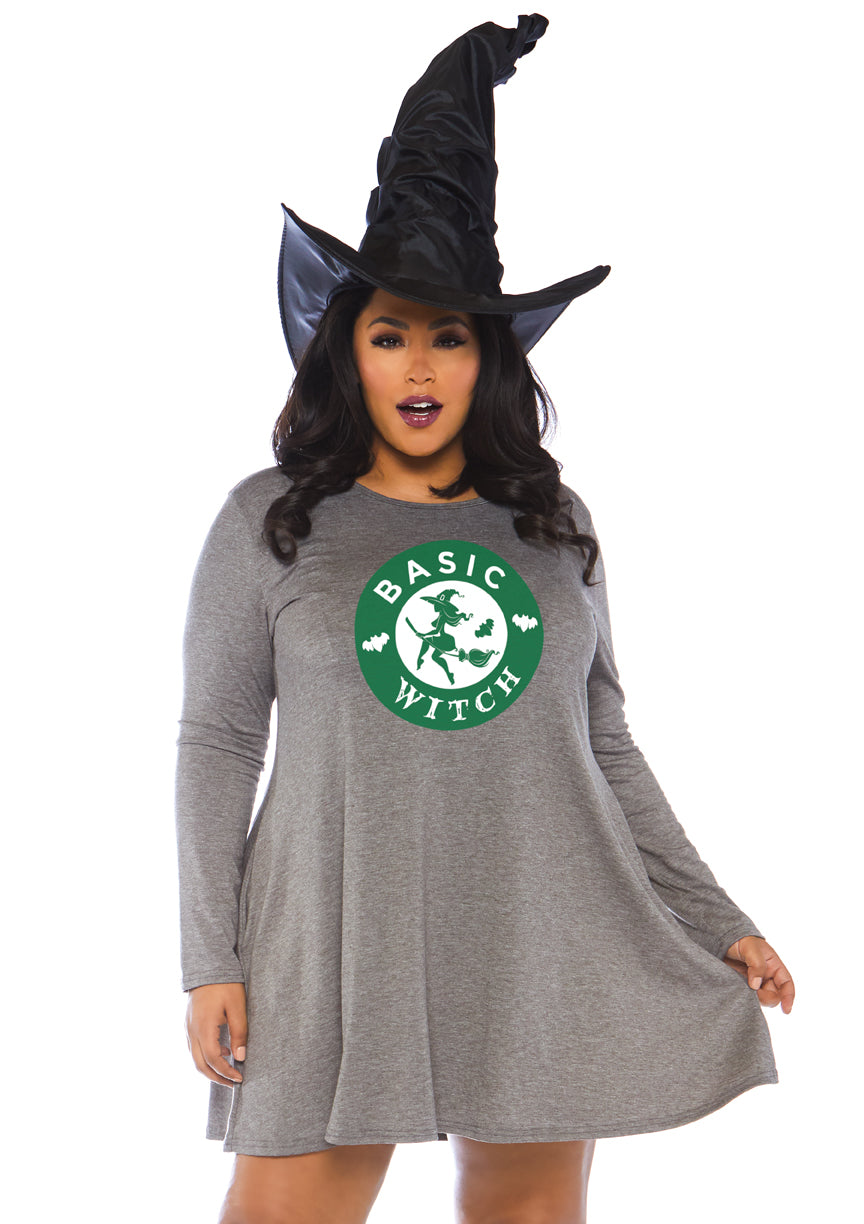 Leg Avenue Basic Witch Jersey Dress, Grey, 1X-2X