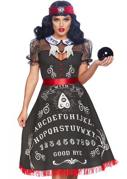 Leg Avenue 3 PC Spooky Board Beauty, includes deluxe cotton swing dress with elaborate printed board detail and hand collar detail, attached satin sash with pin-on bow, and matching all seeing eye headband