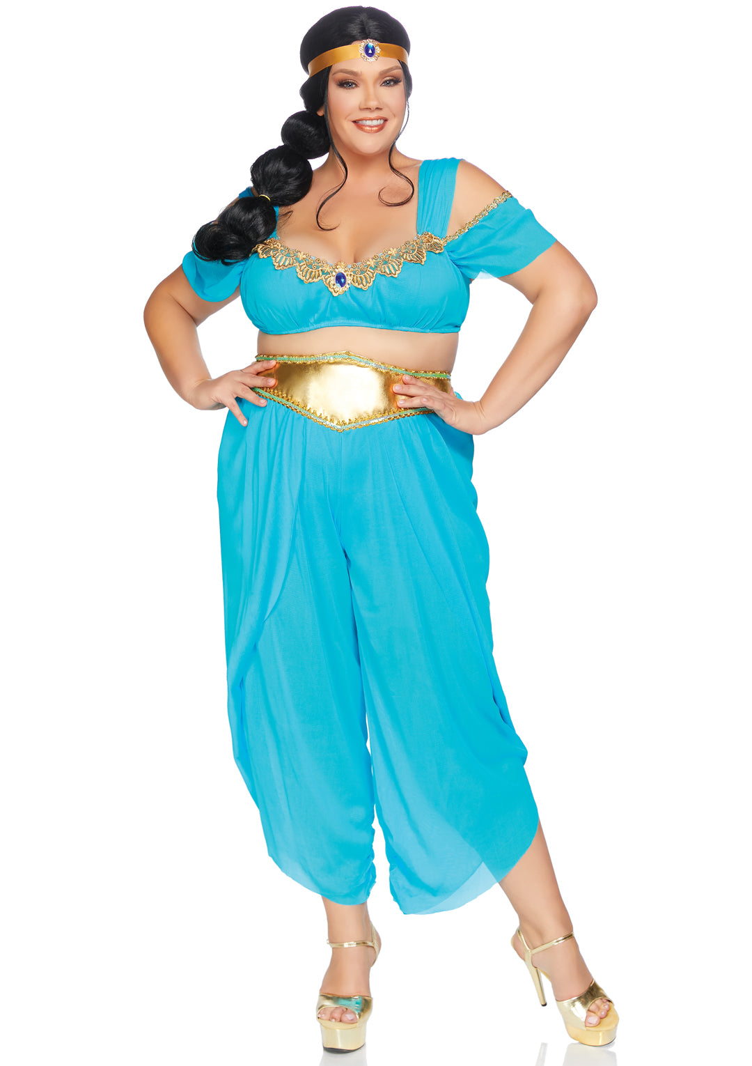 Leg Avenue 3 PC Sexy Desert Princess, includes lace trimmed bra top with jewel accent, layered high waist harem pants with built in boy shorts, and matching jeweled head piece