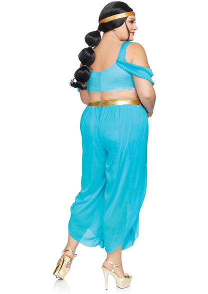 Leg Avenue 3 PC Sexy Desert Princess, includes lace trimmed bra top with jewel accent, layered high waist harem pants with built in boy shorts, and matching jeweled head piece