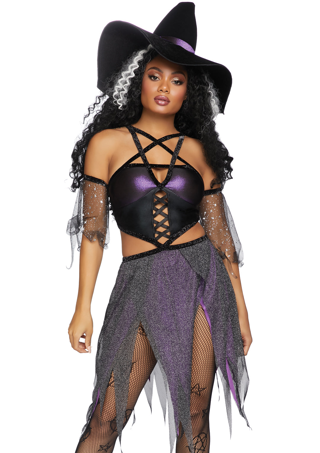 Leg Avenue 3 PC Sexy Spellcaster, includes pentagram cut out dress with glitter handkerchief skirt, sheer star sleeves, and velvet witch hat