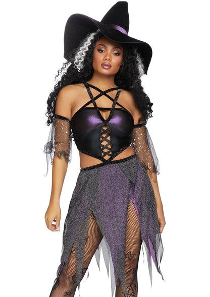 Leg Avenue 3 PC Sexy Spellcaster, includes pentagram cut out dress with glitter handkerchief skirt, sheer star sleeves, and velvet witch hat