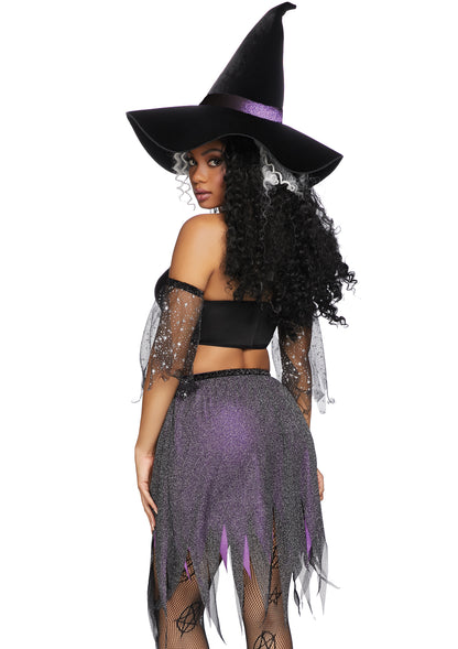 Leg Avenue 3 PC Sexy Spellcaster, includes pentagram cut out dress with glitter handkerchief skirt, sheer star sleeves, and velvet witch hat