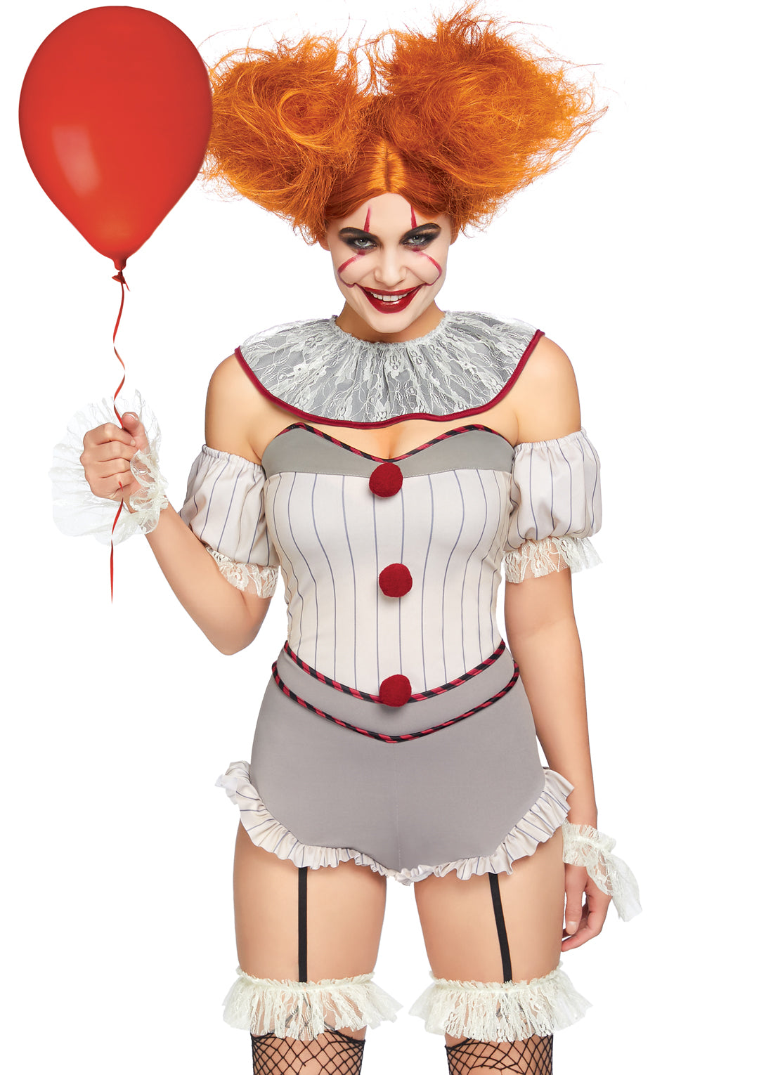 Leg Avenue 4 PC Killer Sewer Clown, includes garter romper with attached clear straps, lace wrist cuffs, arm puffs, and lace neck piece