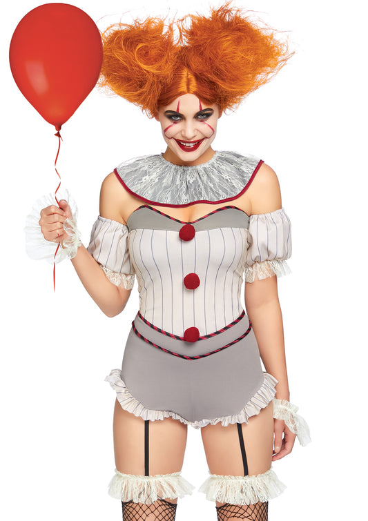 Leg Avenue 4 PC Killer Sewer Clown, includes garter romper with attached clear straps, lace wrist cuffs, arm puffs, and lace neck piece