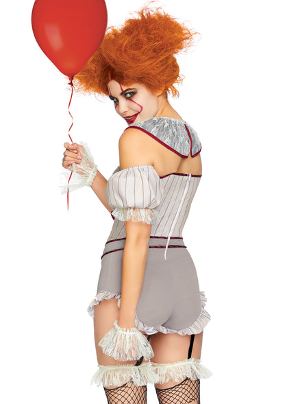 Leg Avenue 4 PC Killer Sewer Clown, includes garter romper with attached clear straps, lace wrist cuffs, arm puffs, and lace neck piece