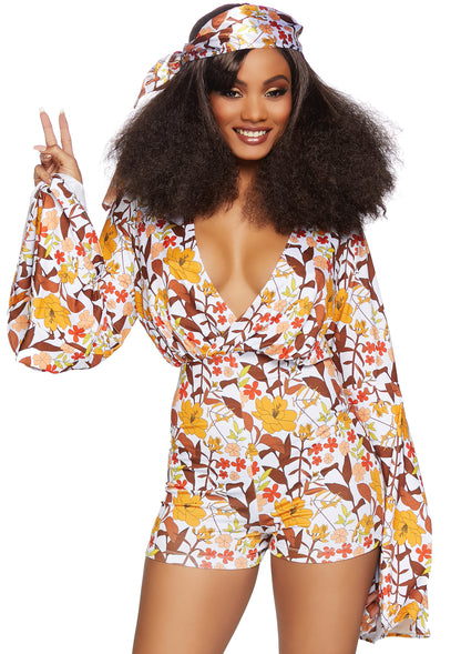 Leg Avenue 2 PC Boogie Down Babe, includes bell sleeve floral romper with cross over deep-V and matching head scarf