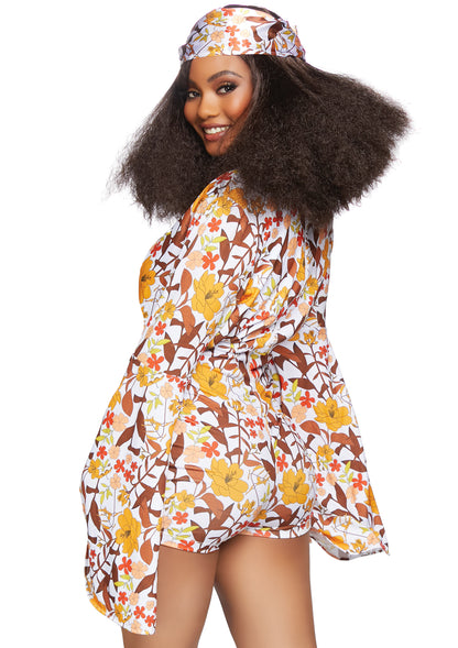 Leg Avenue 2 PC Boogie Down Babe, includes bell sleeve floral romper with cross over deep-V and matching head scarf