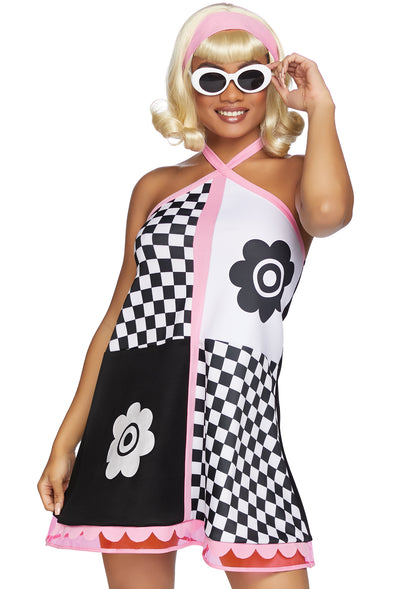 Leg Avenue 3 PC Swinging 60s Sweetie, includes printed halter mini dress with clear vinyl trim, headband, and groovy glasses