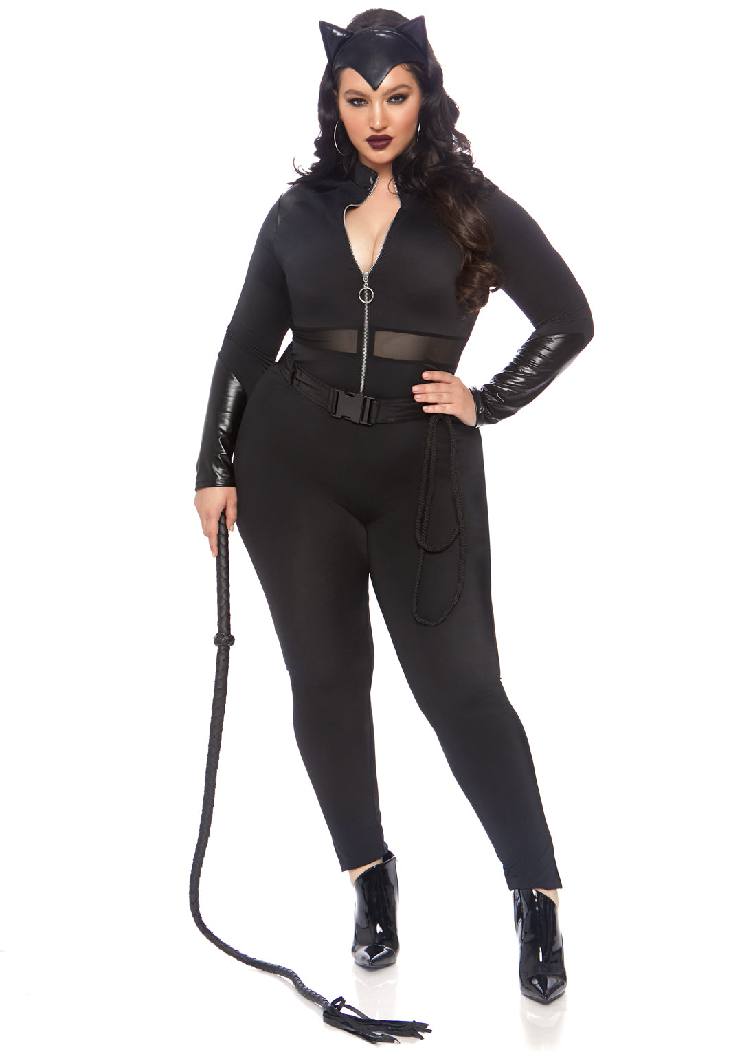 Leg Avenue 3 PC Sultry Supervillain, includes zipper front cat suit with mesh panel accent, utility belt with rope, and cat ear headband