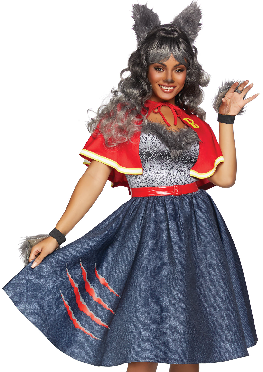 Leg Avenue 6 PC Teen Wolf, includes fur trimmed swing dress with slash accent, detachable clear straps, belt, letterman jacket capelet, furry paw gloves, and ear headband