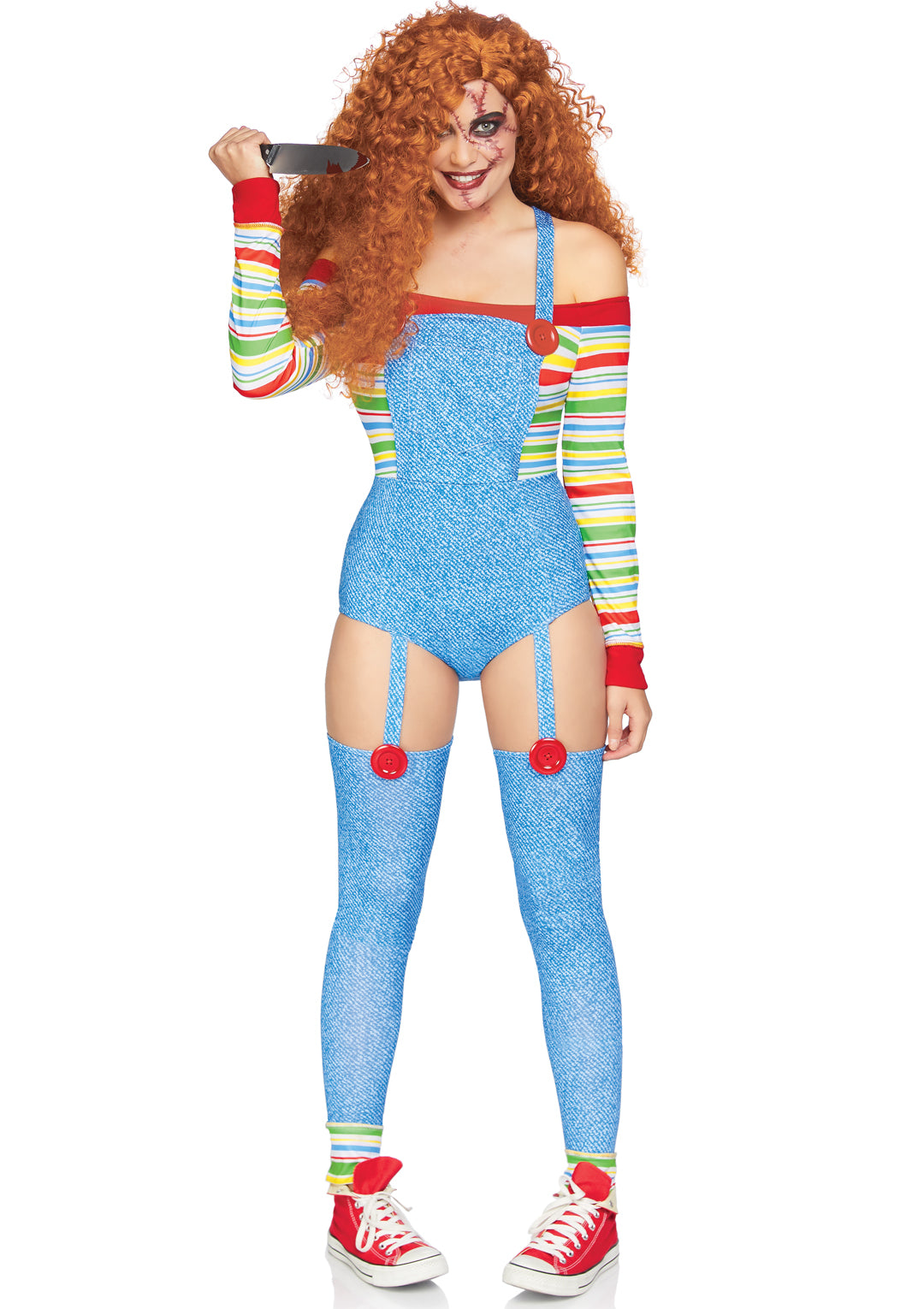 Leg Avenue Killer Doll, features iconic striped overall off the shoulder bodysuit with attached leggings and oversized button accents