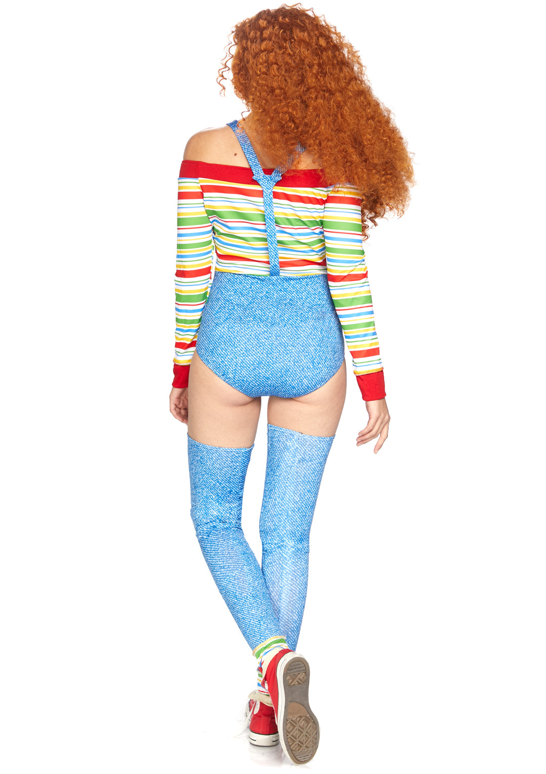 Leg Avenue Killer Doll, features iconic striped overall off the shoulder bodysuit with attached leggings and oversized button accents