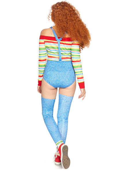 Leg Avenue Killer Doll, features iconic striped overall off the shoulder bodysuit with attached leggings and oversized button accents
