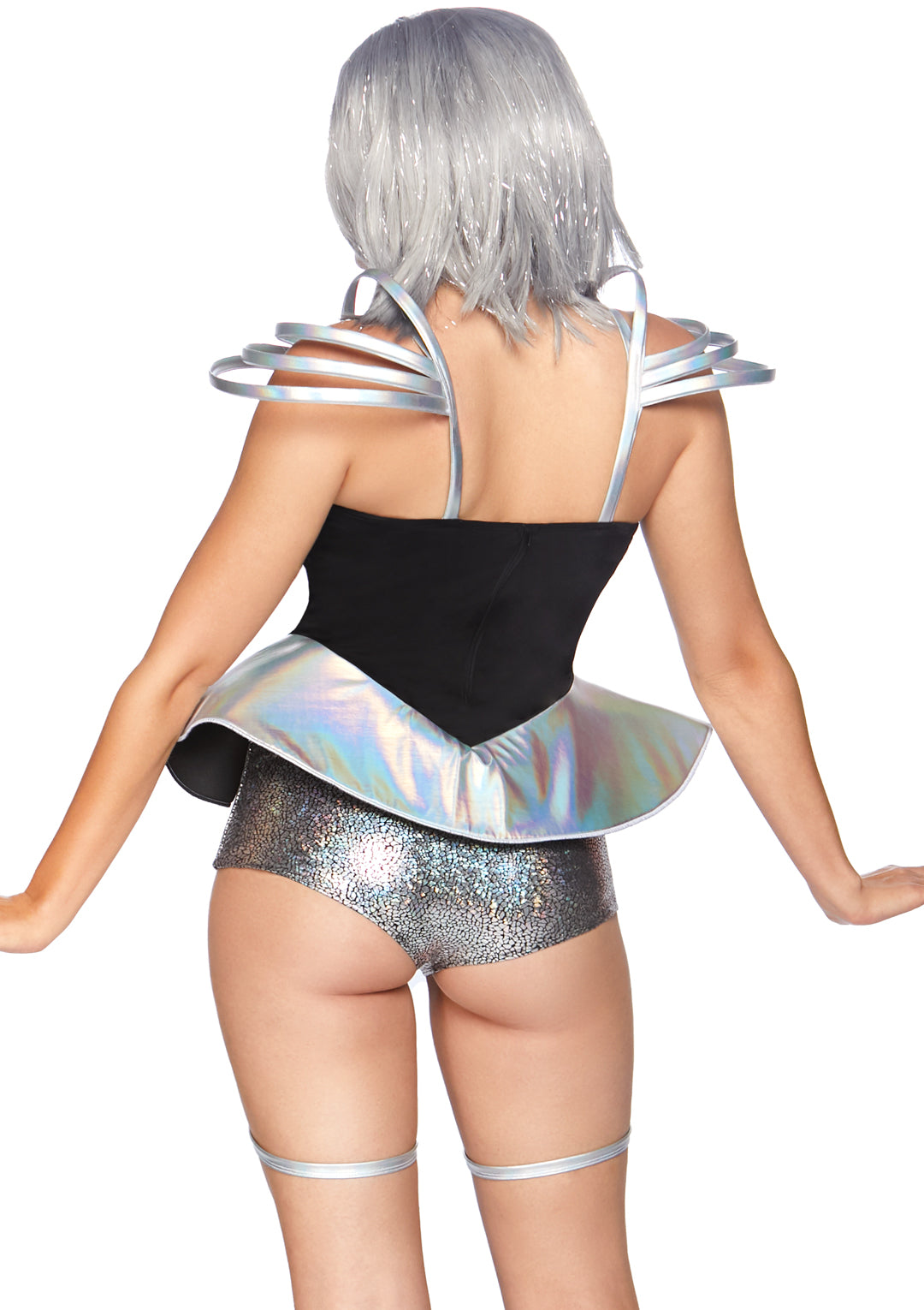 Leg Avenue Space Cadet, features iridescent garter romper with holographic UFO skirt and futuristic straps