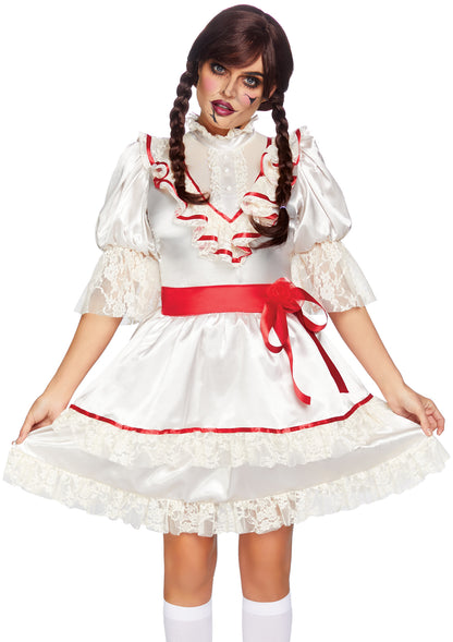 Leg Avenue Haunted Doll, features satin lace trimmed antique doll dress with attached bow sash