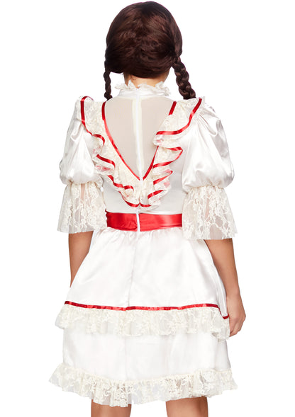 Leg Avenue Haunted Doll, features satin lace trimmed antique doll dress with attached bow sash
