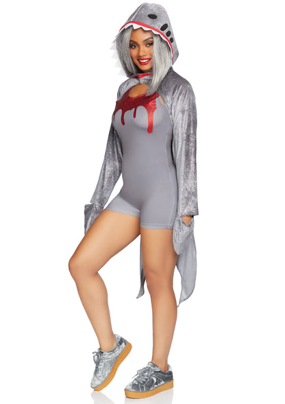 Leg Avenue 2 PC Man Eating Shark, includes blood drip tank romper and glitter velvet shark head hoodie with fin back and glove sleeves