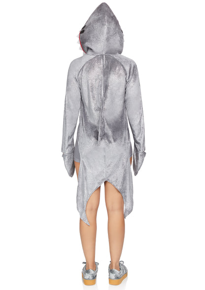 Leg Avenue 2 PC Man Eating Shark, includes blood drip tank romper and glitter velvet shark head hoodie with fin back and glove sleeves