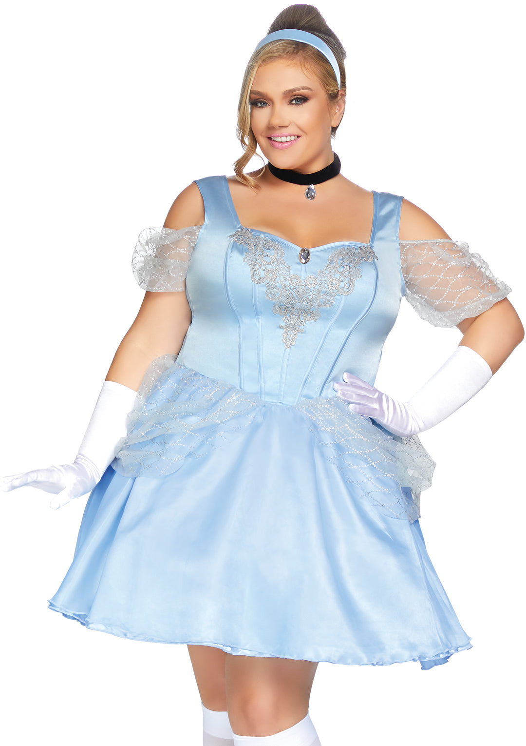 Leg Avenue 3 PC Glass Slipper Sweetie, includes cold shoulder dress with jeweled lace applique bodice, jeweled choker, and matching headband