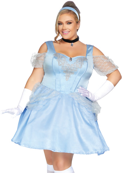 Leg Avenue 3 PC Glass Slipper Sweetie, includes cold shoulder dress with jeweled lace applique bodice, jeweled choker, and matching headband