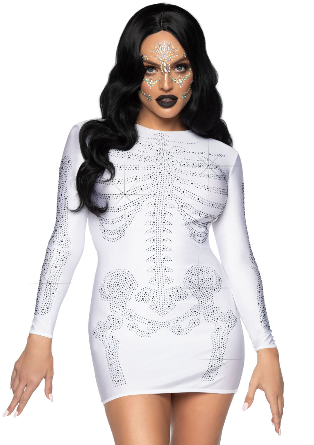 Leg Avenue Spandex Rhinestone Skeleton Dress, White, 