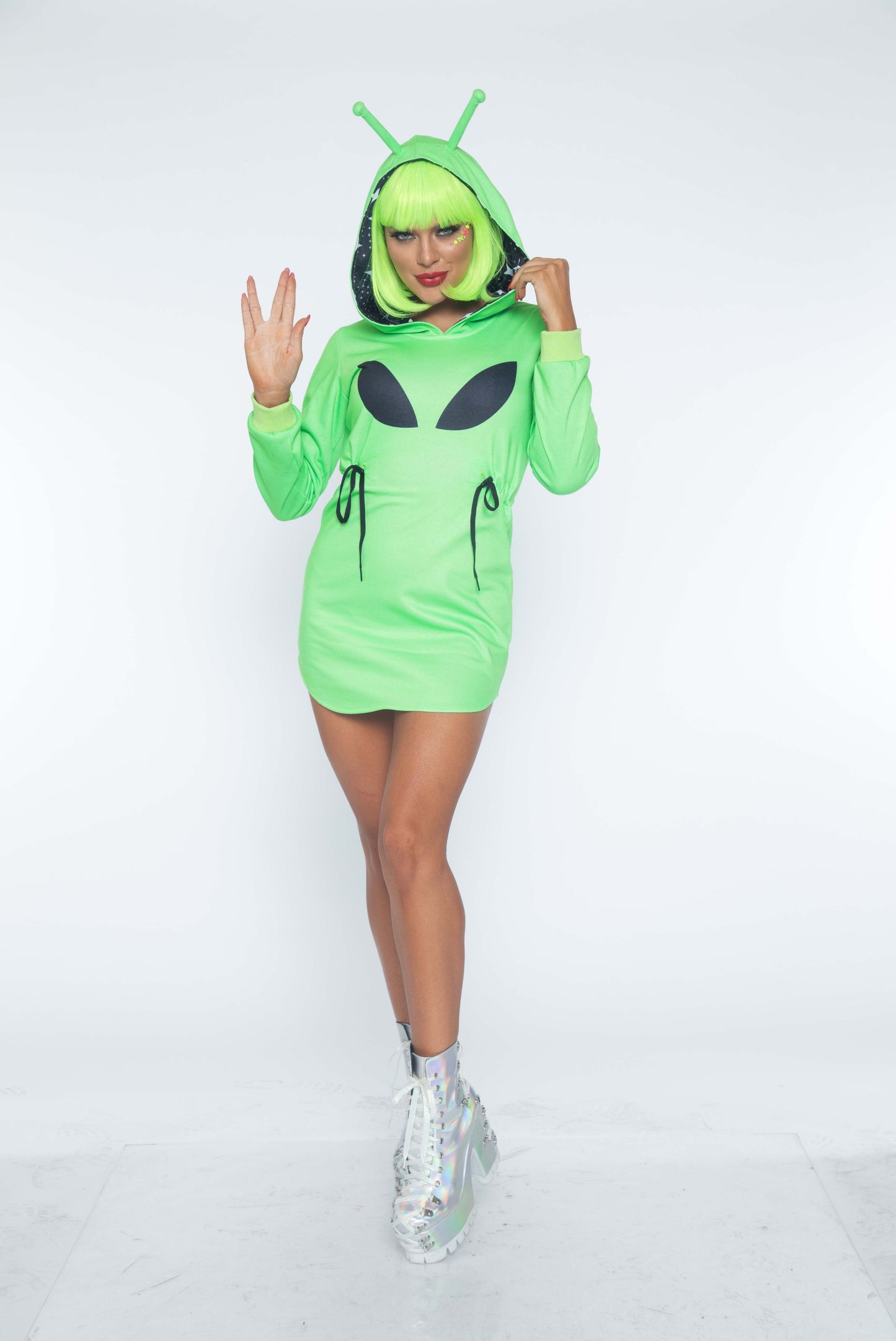 Leg Avenue Alien Fleece Hoodie Dress, Green,