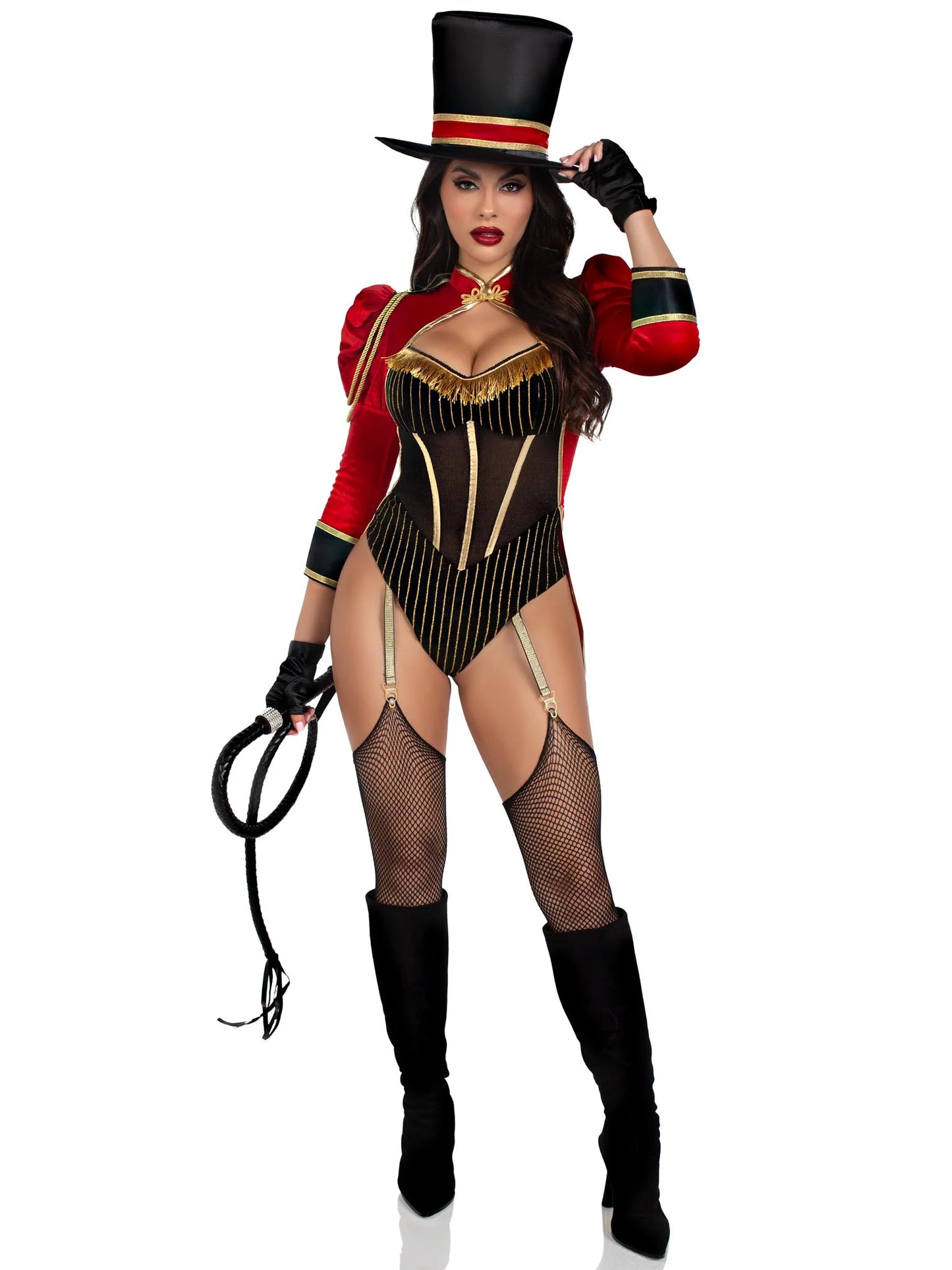 Leg Avenue 2 PC Ravishing Ringmaster, includes gold trimmed garter teddy with snap crotch and attached velvet tail coat, and top hat, MULTICOLOR,