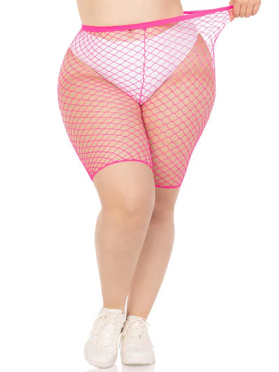 Leg Avenue womens Industrial Fishnet Biker Shorts Lingerie Set, Neon Pink, 1X-2X