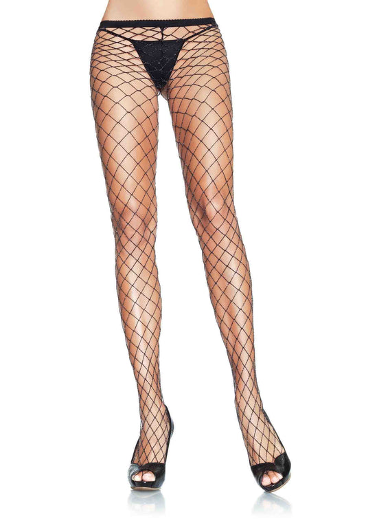 Lycra Industral Fishnet Panty Hose with Lurex O/S BLACK/SILVER