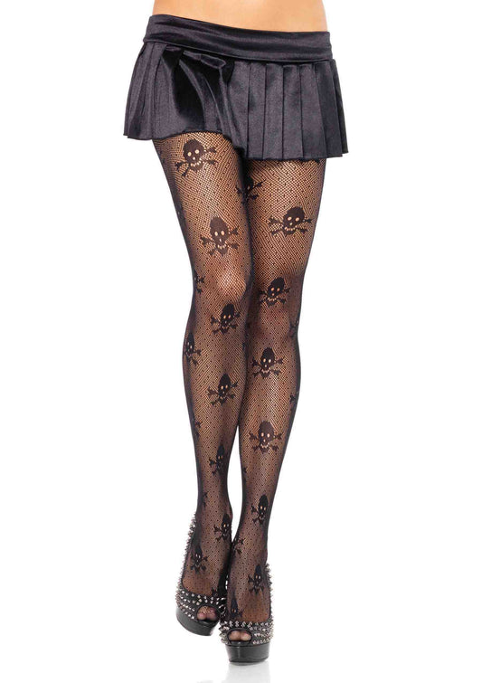 Micro net skull print pantyhose O/S BLACK