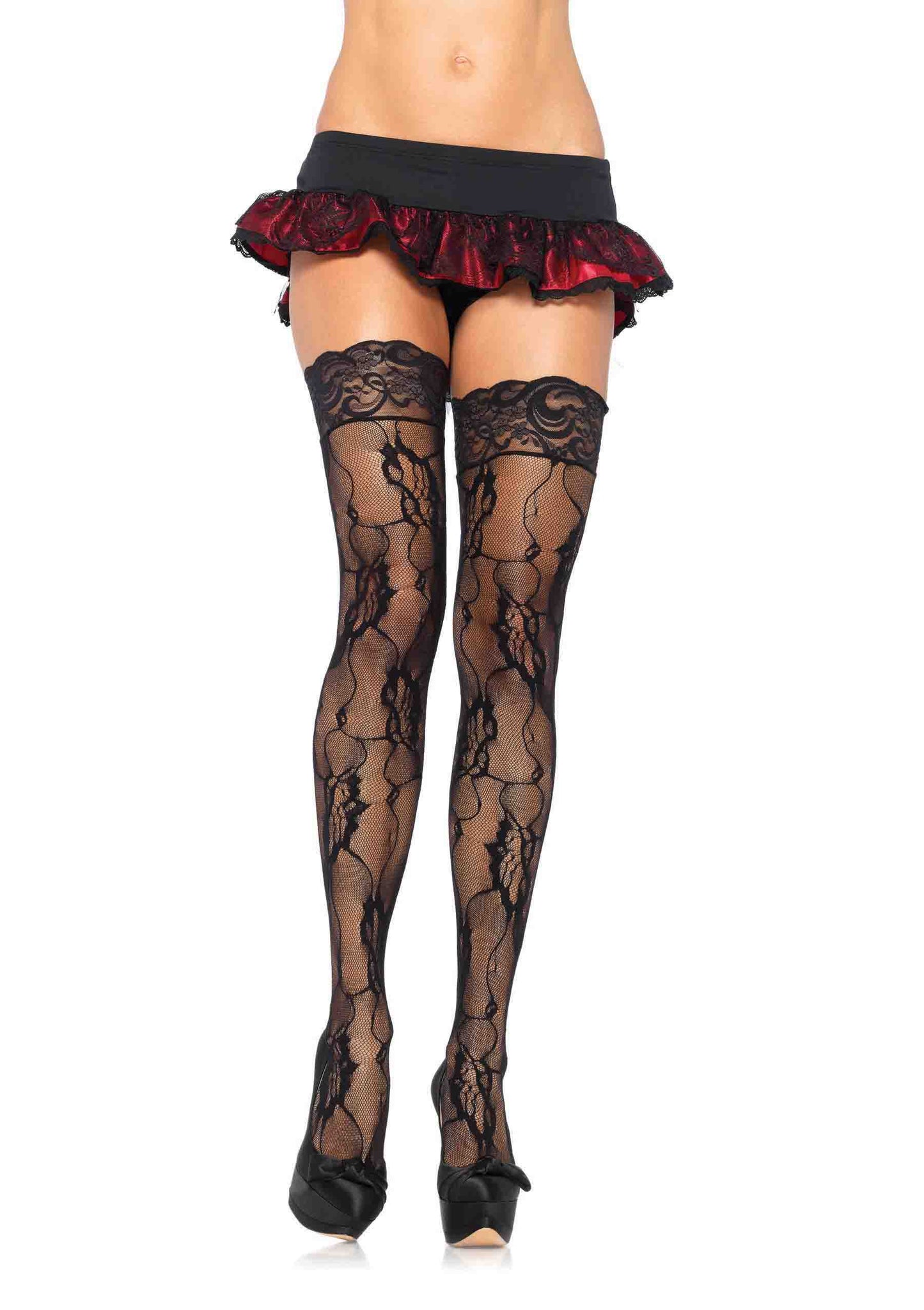 Romantic Rose Lace Thigh Hi with Lace Top O/S BLACK
