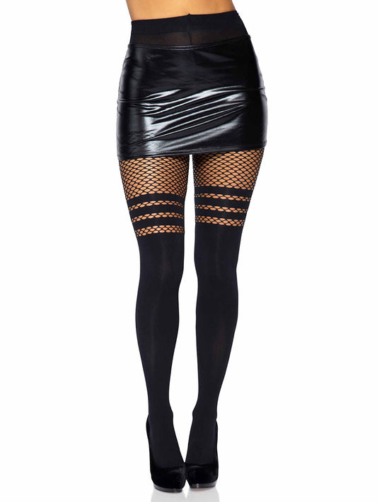 Seamless opaque faux thigh high pantyhose with striped fishnet thigh
