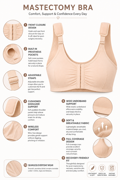 Women’s Mastectomy Bra with Pockets for Prosthesis – Front Closure Wireless