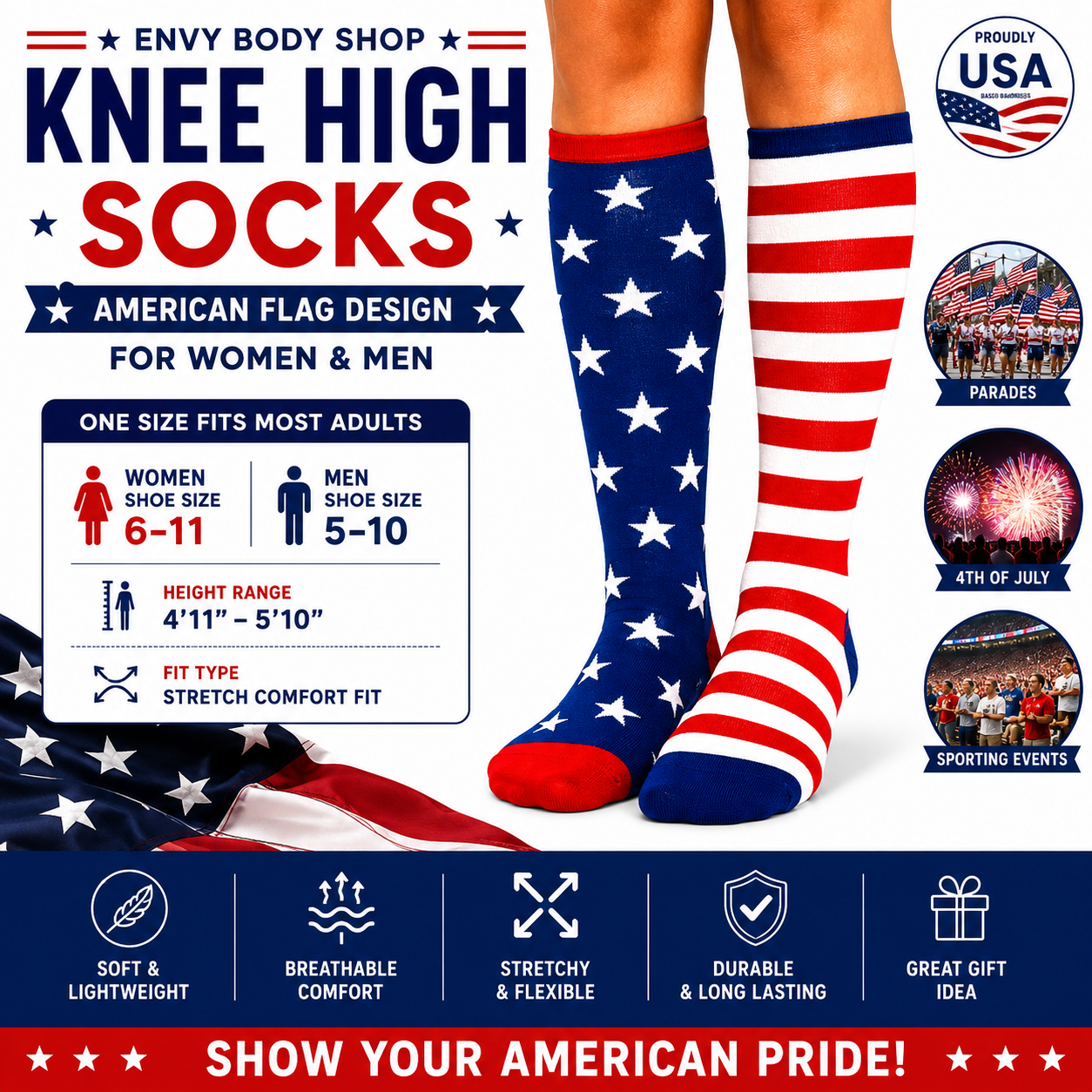 American Flag Knee High Socks for Women & Men – Patriotic USA Stars & Stripes Socks for 4th of July, Independence Day, Memorial Day, Parades, Sporting Events & Costume Parties