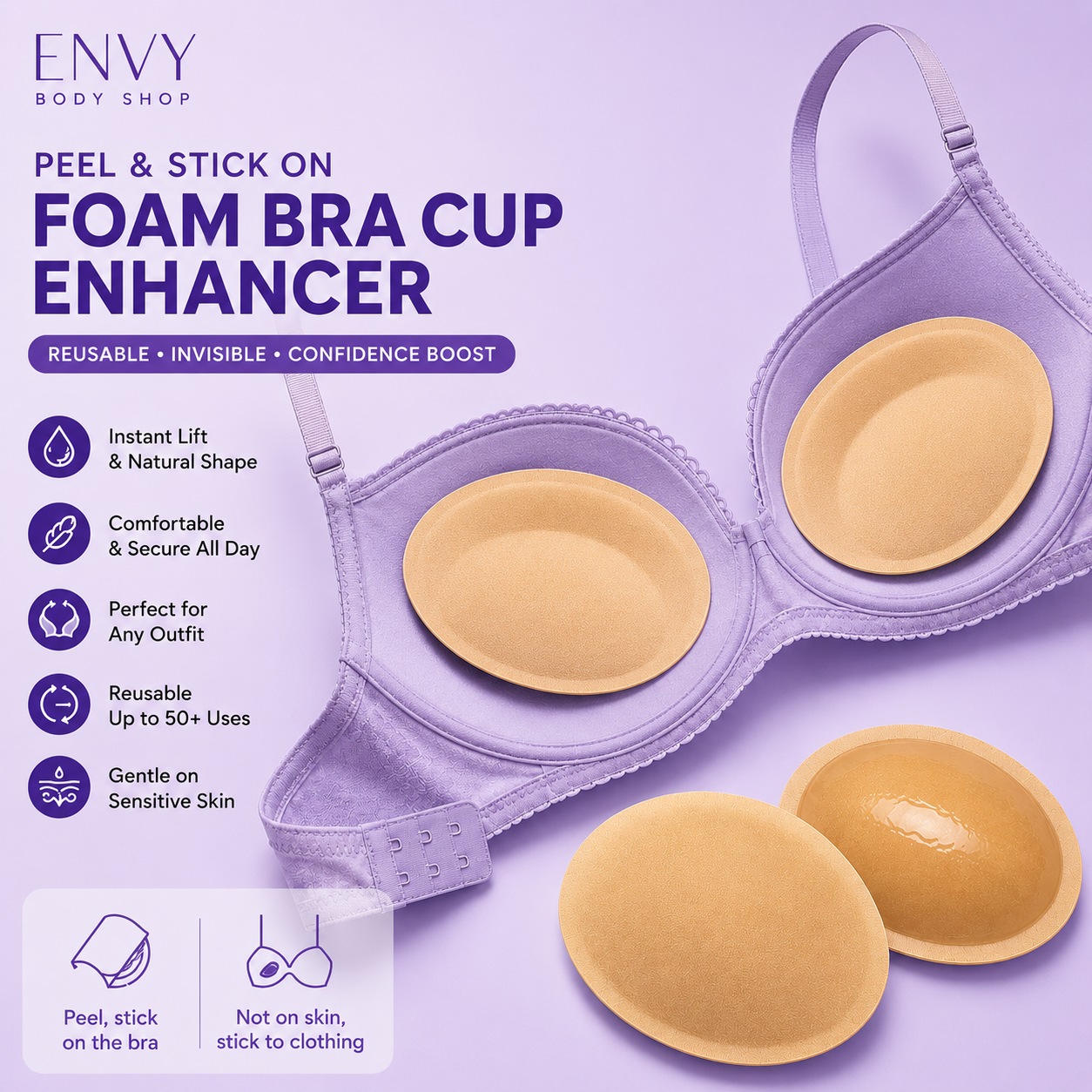 Peel & Stick Foam Bra Cup Enhancer – Reusable Adhesive Bra Inserts for Instant Lift & Natural Shape – Invisible Push Up Padding for Bras & Dresses