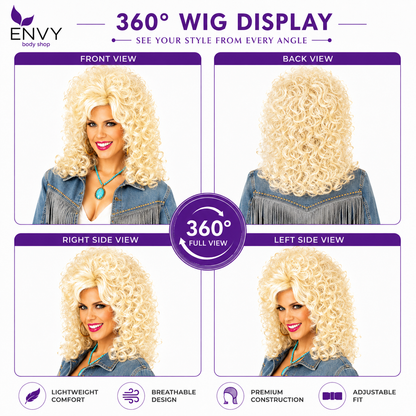 Country Diva Wig for Women, Blonde Curly Western Costume Wig with Bangs, Big 80s Volume Synthetic Wig for Dolly-Inspired Looks, Country Concerts, Halloween, Western Parties & Stage (Country Diva)