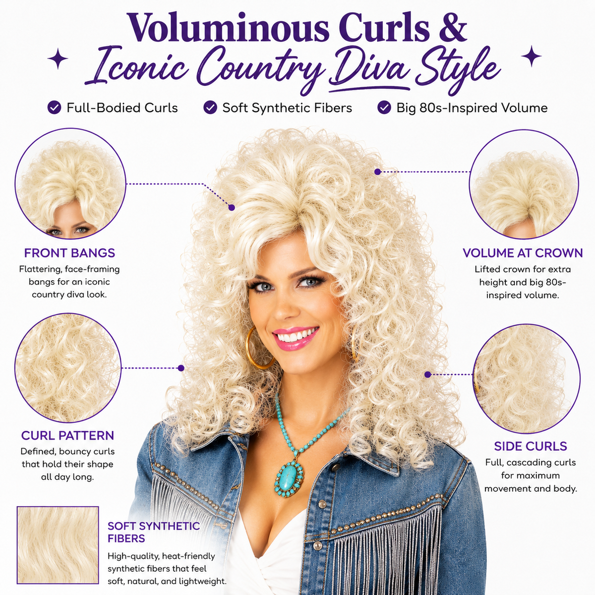 Country Diva Wig for Women, Blonde Curly Western Costume Wig with Bangs, Big 80s Volume Synthetic Wig for Dolly-Inspired Looks, Country Concerts, Halloween, Western Parties & Stage (Country Diva)
