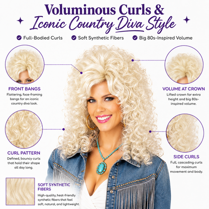 Country Diva Wig for Women, Blonde Curly Western Costume Wig with Bangs, Big 80s Volume Synthetic Wig for Dolly-Inspired Looks, Country Concerts, Halloween, Western Parties & Stage (Country Diva)