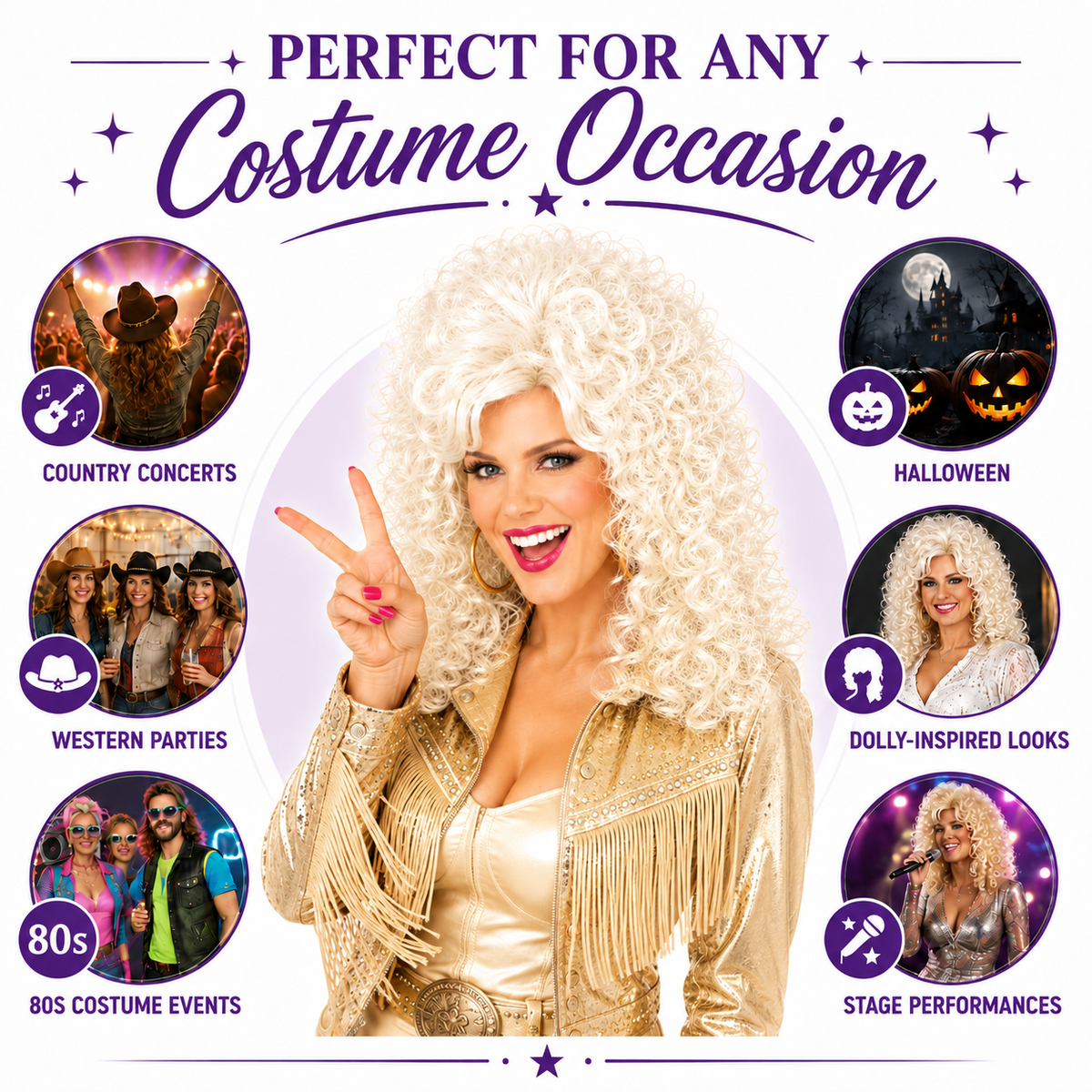 Country Diva Wig for Women, Blonde Curly Western Costume Wig with Bangs, Big 80s Volume Synthetic Wig for Dolly-Inspired Looks, Country Concerts, Halloween, Western Parties & Stage (Country Diva)