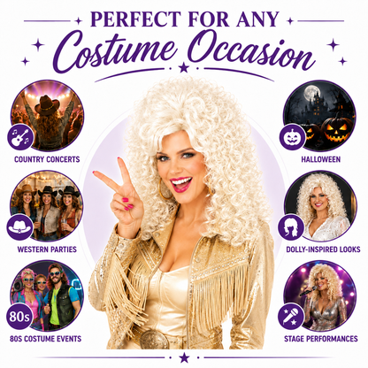 Country Diva Wig for Women, Blonde Curly Western Costume Wig with Bangs, Big 80s Volume Synthetic Wig for Dolly-Inspired Looks, Country Concerts, Halloween, Western Parties & Stage (Country Diva)